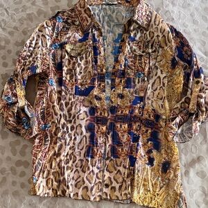 Alberto Makali Mixed Animal Print Button-Up Shirt with Blue & Gold Accents